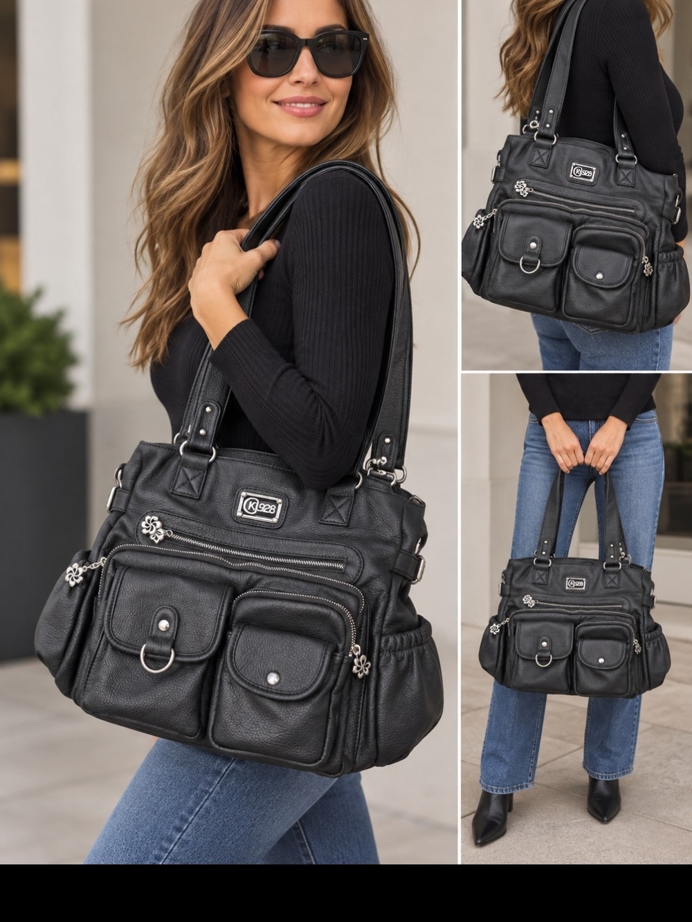 Everyday Black Multi-Pocket Tote with Silver Accents
